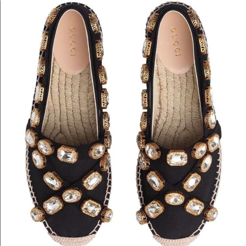 Gucci Black Espadrille Flats with Gold Crystal Embellishments